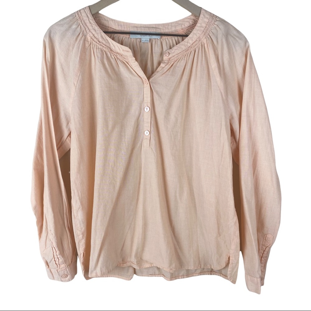 Loft Peach Henley Blouse Top Medium Long-sleeve